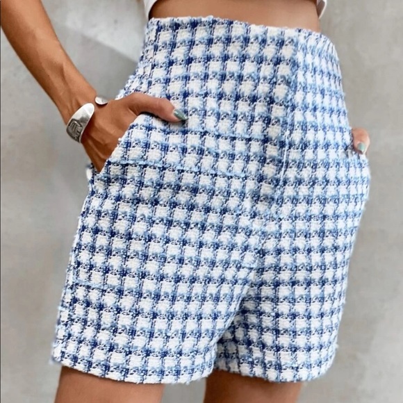 Pants - Blue Plaid Slant Pocket Tweed Shorts Sz S New